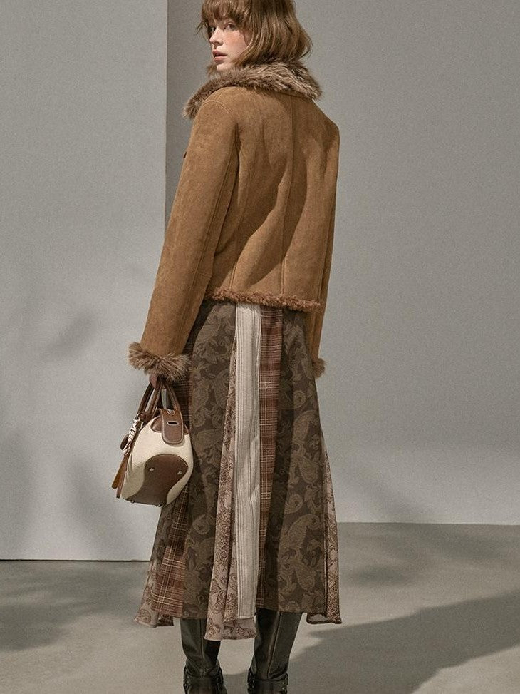 DIDDI MODA Fur Lined Faux Suede Turn Down Collar Women&