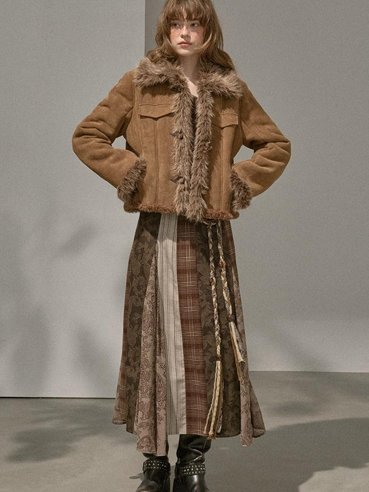 DIDDI MODA Fur Lined Faux Suede Turn Down Collar Women&