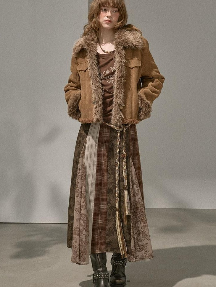 DIDDI MODA Fur Lined Faux Suede Turn Down Collar Women&