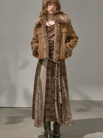 DIDDI MODA Fur Lined Faux Suede Turn Down Collar Women&