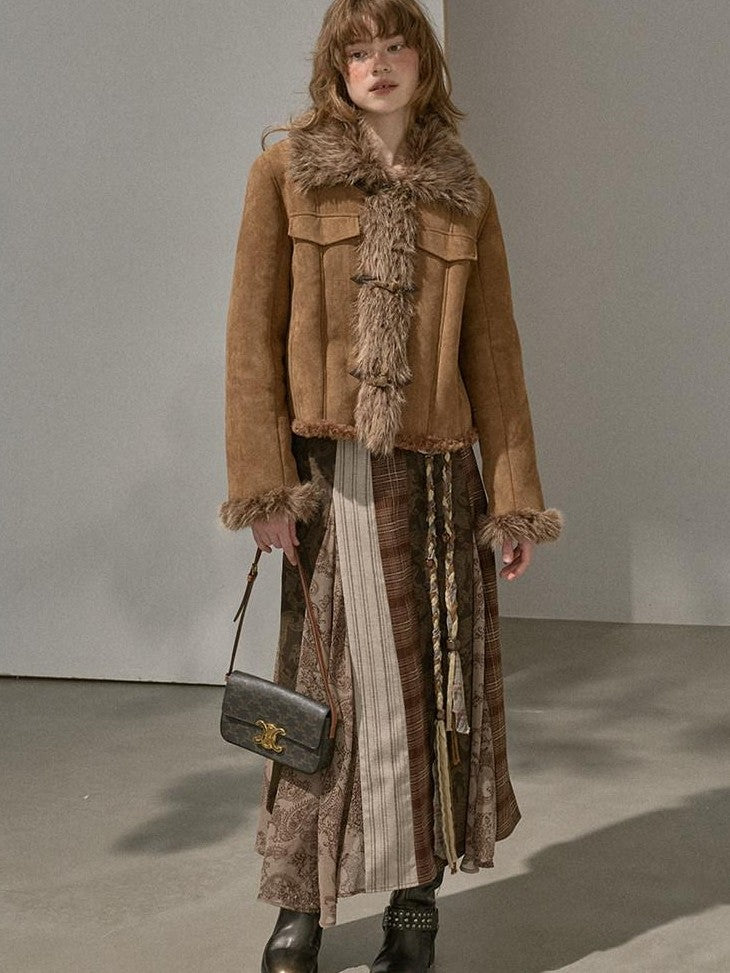 DIDDI MODA Fur Lined Faux Suede Turn Down Collar Women&