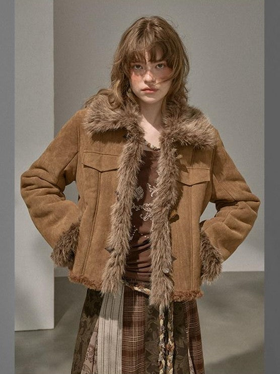 DIDDI MODA Fur Lined Faux Suede Turn Down Collar Women&