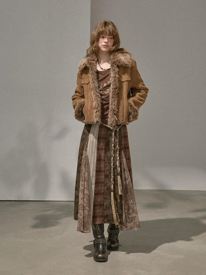 DIDDI MODA Fur Lined Faux Suede Turn Down Collar Women&