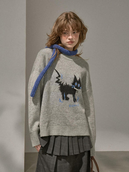 DIDDI MODA Fuzzy Kitten Necklace Drop Shoulder Crewneck Knit Women&