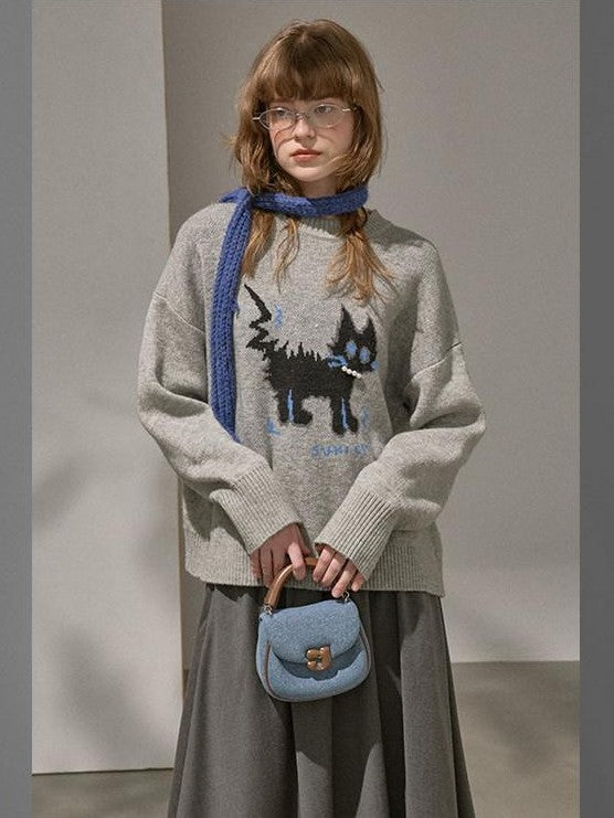 DIDDI MODA Fuzzy Kitten Necklace Drop Shoulder Crewneck Knit Women&