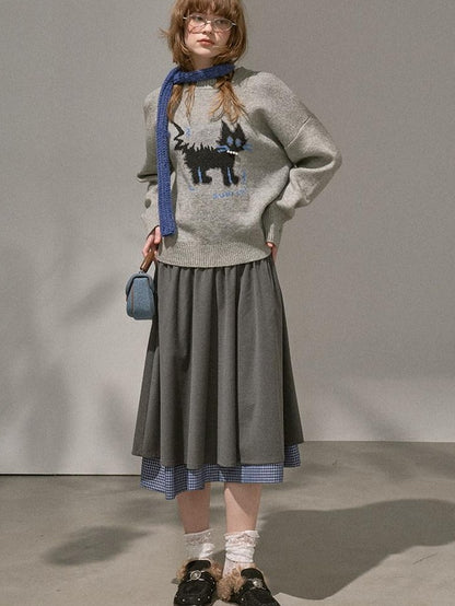 DIDDI MODA Fuzzy Kitten Necklace Drop Shoulder Crewneck Knit Women&