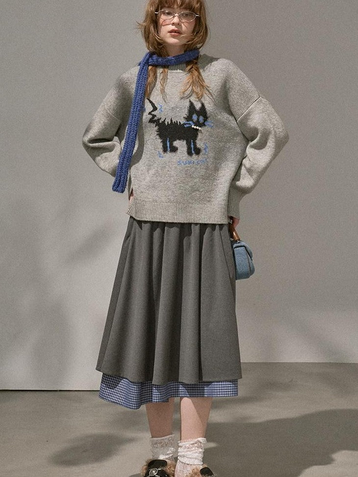 DIDDI MODA Fuzzy Kitten Necklace Drop Shoulder Crewneck Knit Women&