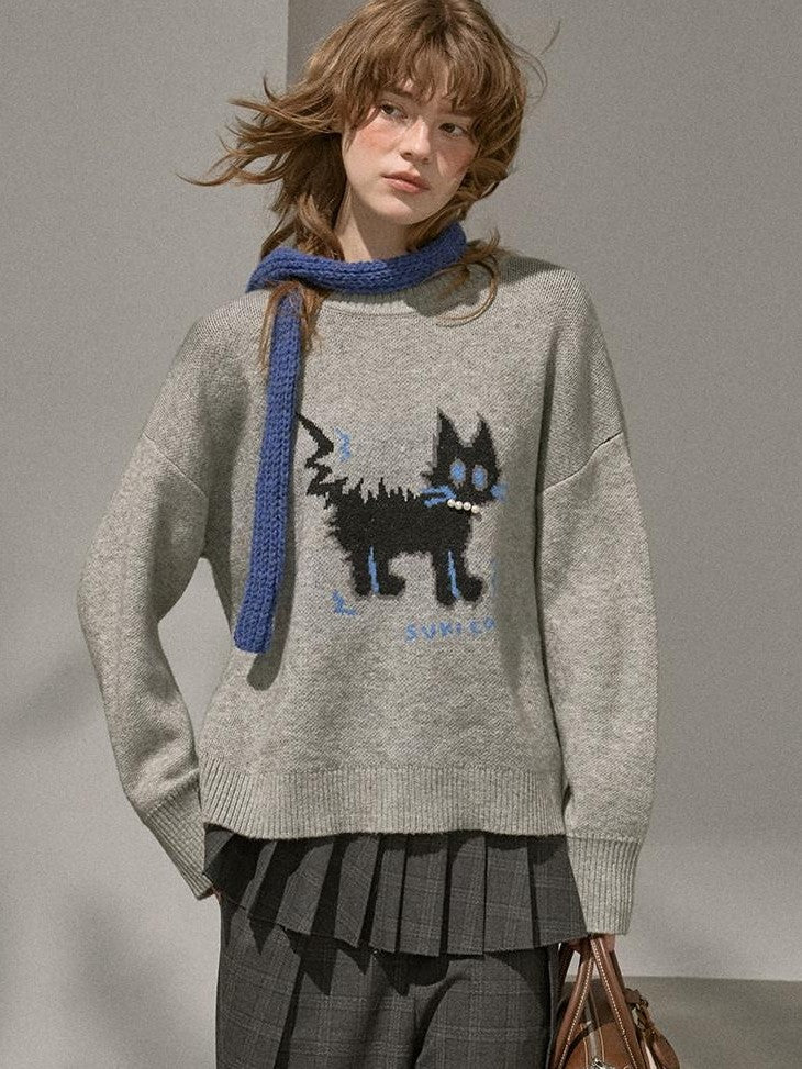 DIDDI MODA Fuzzy Kitten Necklace Drop Shoulder Crewneck Knit Women&