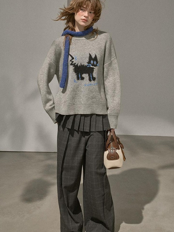 DIDDI MODA Fuzzy Kitten Necklace Drop Shoulder Crewneck Knit Women&