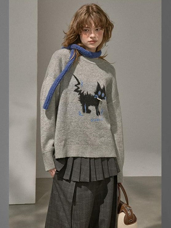 DIDDI MODA Fuzzy Kitten Necklace Drop Shoulder Crewneck Knit Women&