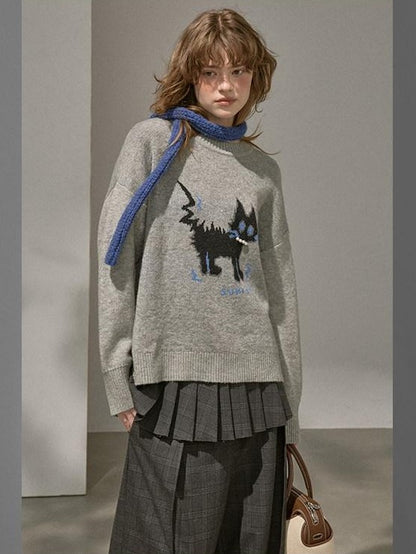 DIDDI MODA Fuzzy Kitten Necklace Drop Shoulder Crewneck Knit Women&