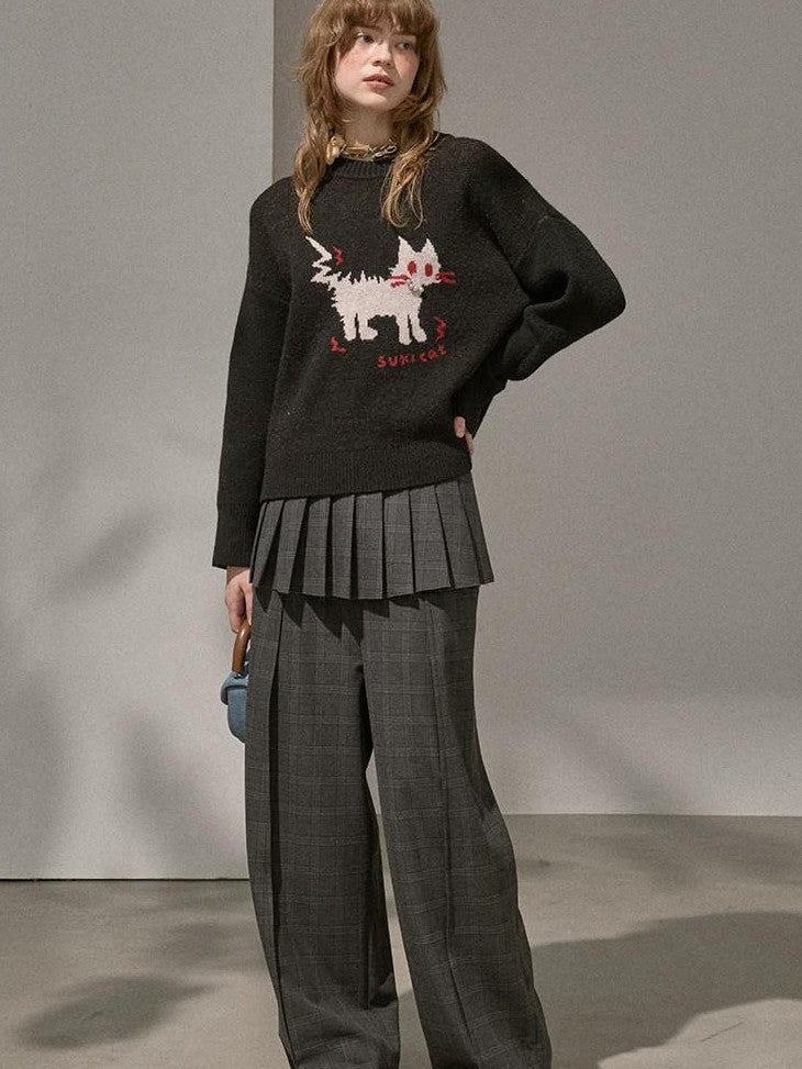 DIDDI MODA Fuzzy Kitten Necklace Drop Shoulder Crewneck Knit Women&