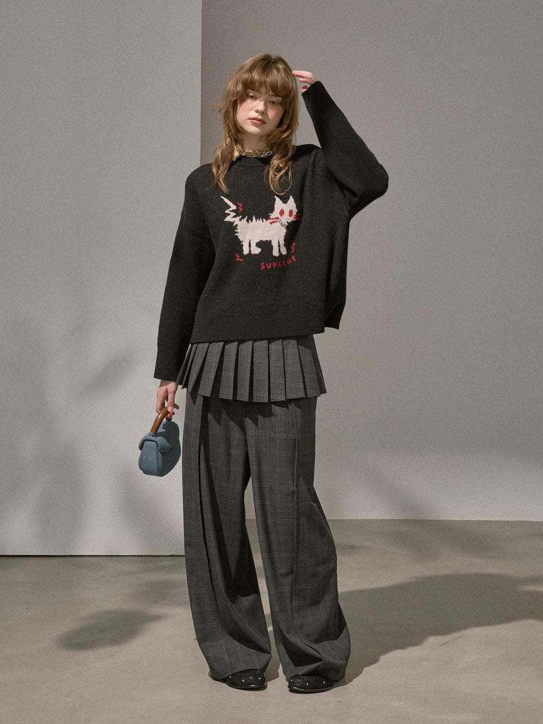 DIDDI MODA Fuzzy Kitten Necklace Drop Shoulder Crewneck Knit Women&