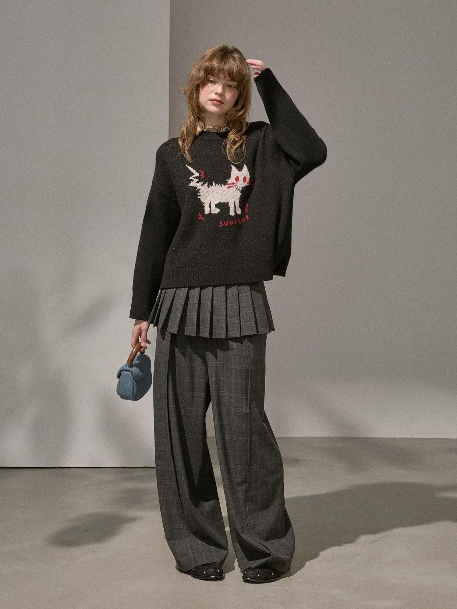 DIDDI MODA Fuzzy Kitten Necklace Drop Shoulder Crewneck Knit Women&