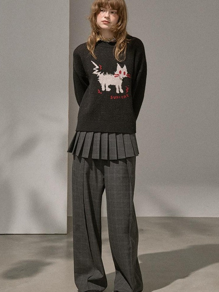 DIDDI MODA Fuzzy Kitten Necklace Drop Shoulder Crewneck Knit Women&