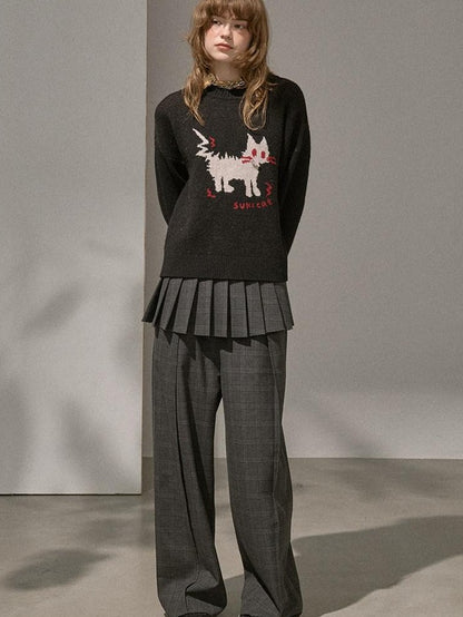 DIDDI MODA Fuzzy Kitten Necklace Drop Shoulder Crewneck Knit Women&