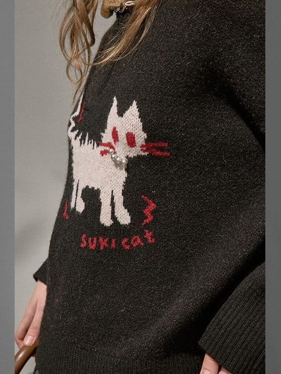 DIDDI MODA Fuzzy Kitten Necklace Drop Shoulder Crewneck Knit Women&