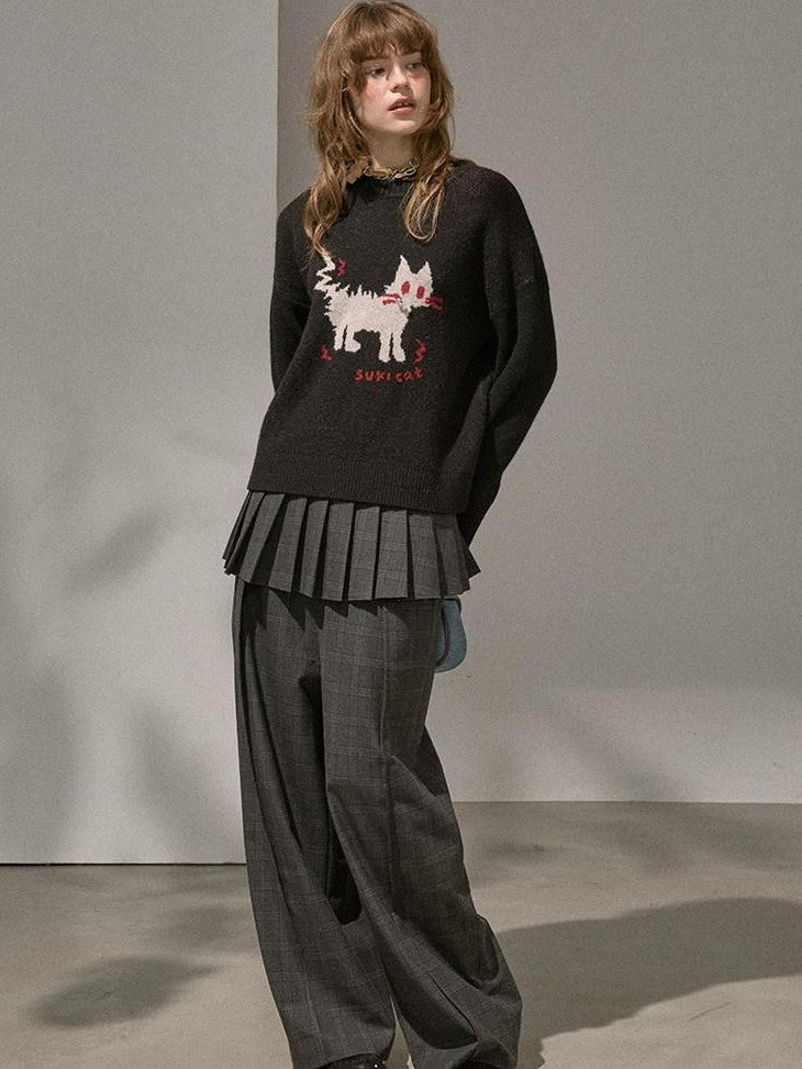 DIDDI MODA Fuzzy Kitten Necklace Drop Shoulder Crewneck Knit Women&