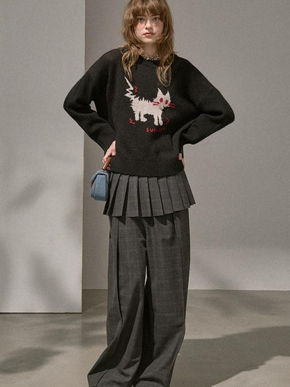 DIDDI MODA Fuzzy Kitten Necklace Drop Shoulder Crewneck Knit Women&