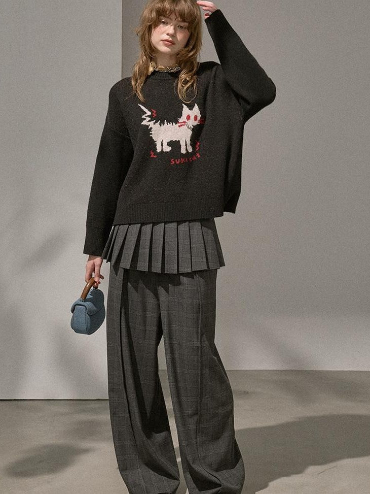 DIDDI MODA Fuzzy Kitten Necklace Drop Shoulder Crewneck Knit Women&