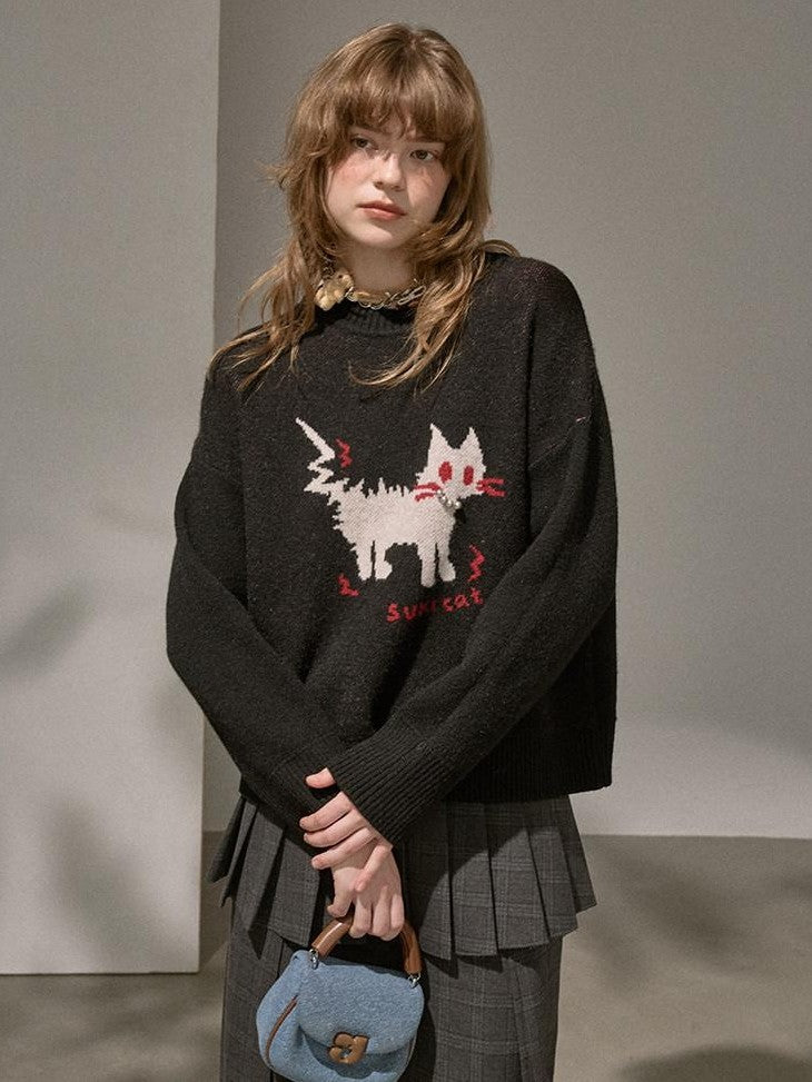 DIDDI MODA Fuzzy Kitten Necklace Drop Shoulder Crewneck Knit Women&