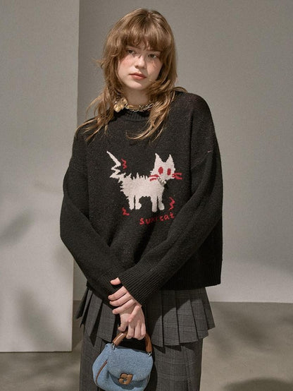 DIDDI MODA Fuzzy Kitten Necklace Drop Shoulder Crewneck Knit Women&