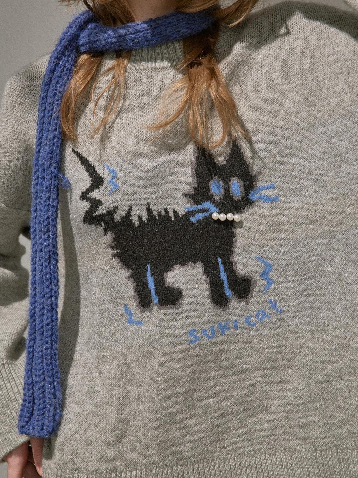 DIDDI MODA Fuzzy Kitten Necklace Drop Shoulder Crewneck Knit Women&