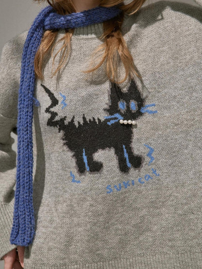 DIDDI MODA Fuzzy Kitten Necklace Drop Shoulder Crewneck Knit Women&