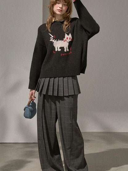 DIDDI MODA Fuzzy Kitten Necklace Drop Shoulder Crewneck Knit Women&