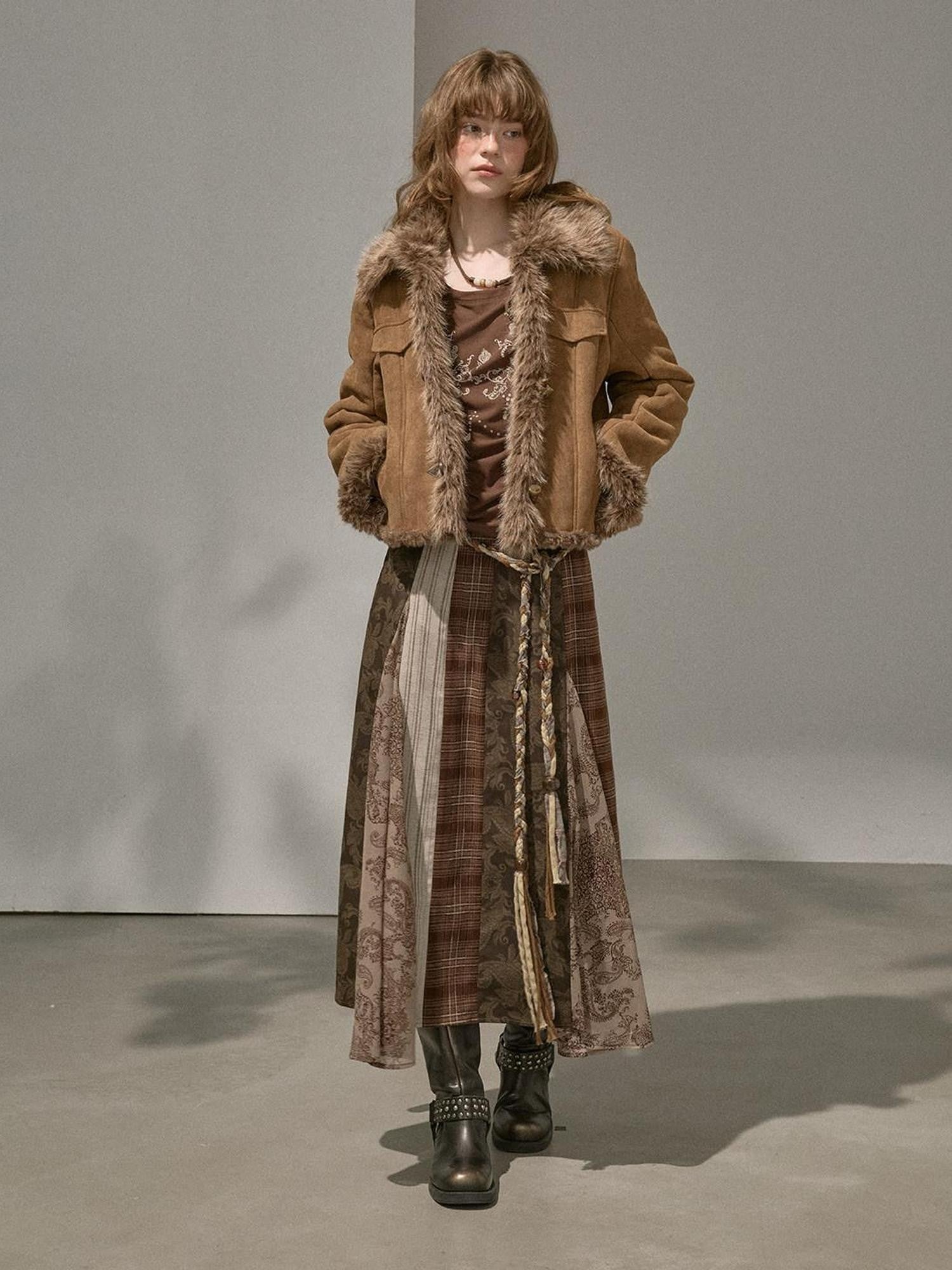 DIDDI MODA Fuzzy Patchwork Straight Street Style Women&