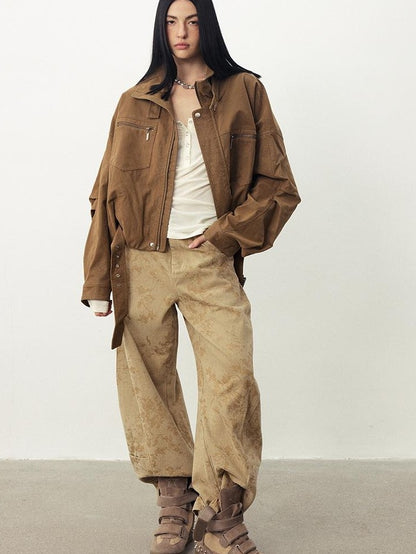DIDDI MODA Fuzzy Textured Pu Leather Spliced Bud Stand Collar Women&