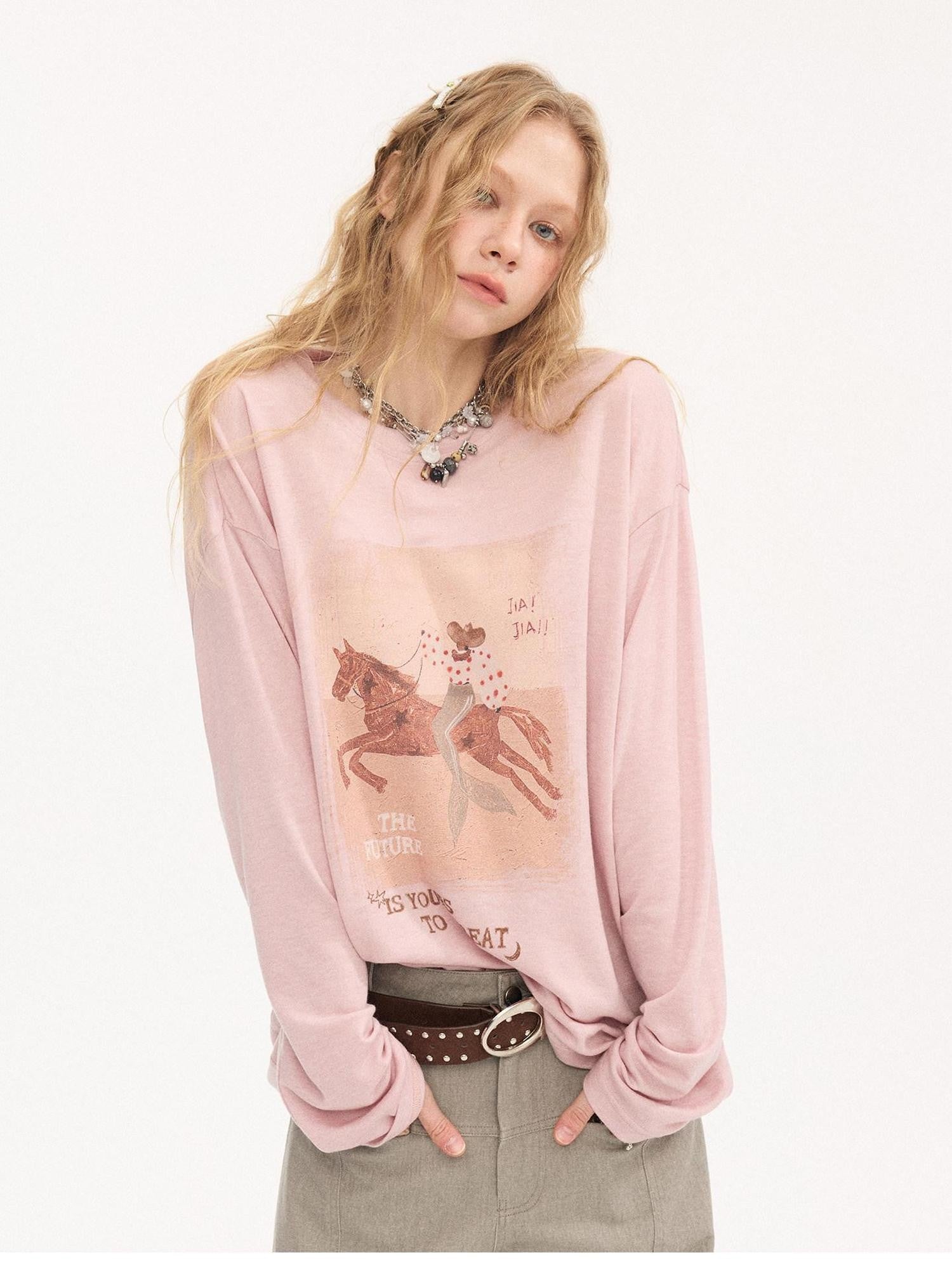DIDDI MODA Galloping Horse Print Crewneck Long Sleeve Loose Pullover Women&