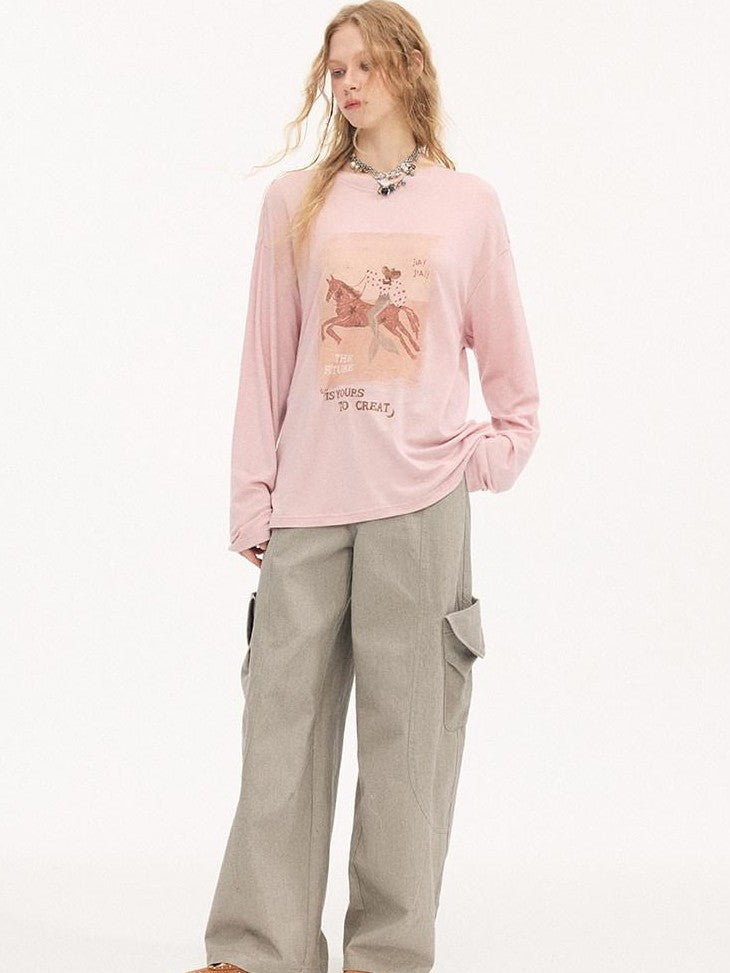 DIDDI MODA Galloping Horse Print Crewneck Long Sleeve Loose Pullover Women&
