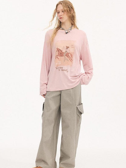 DIDDI MODA Galloping Horse Print Crewneck Long Sleeve Loose Pullover Women&