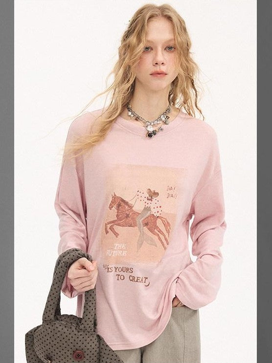 DIDDI MODA Galloping Horse Print Crewneck Long Sleeve Loose Pullover Women&