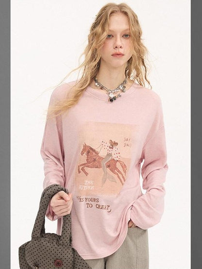 DIDDI MODA Galloping Horse Print Crewneck Long Sleeve Loose Pullover Women&