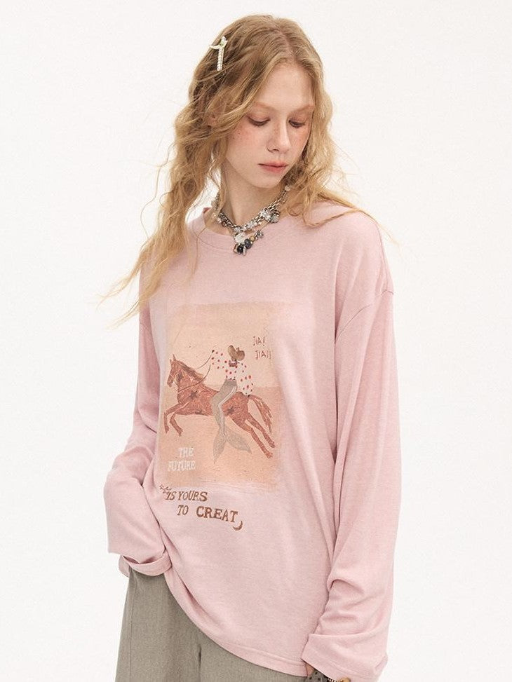 DIDDI MODA Galloping Horse Print Crewneck Long Sleeve Loose Pullover Women&