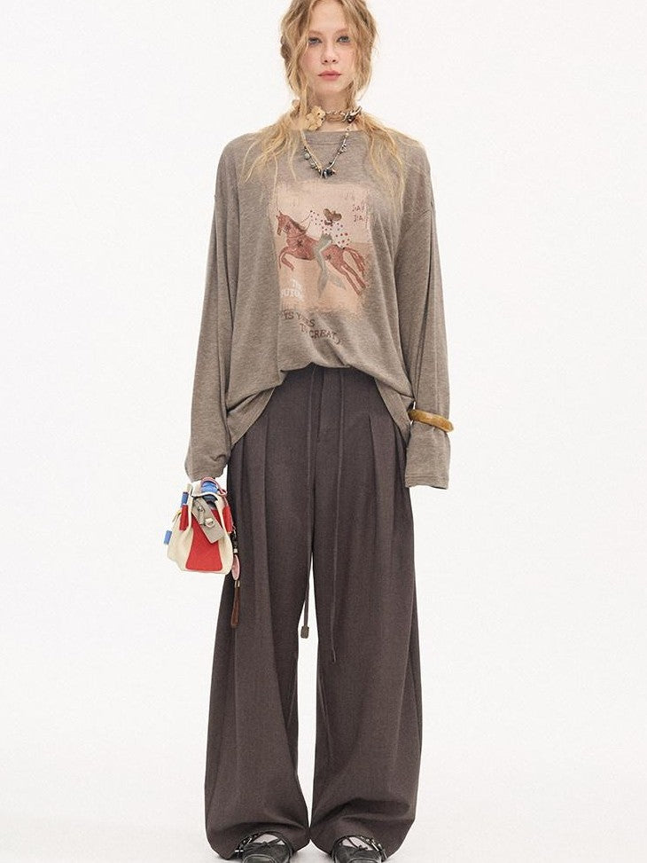 DIDDI MODA Galloping Horse Print Crewneck Long Sleeve Loose Pullover Women&