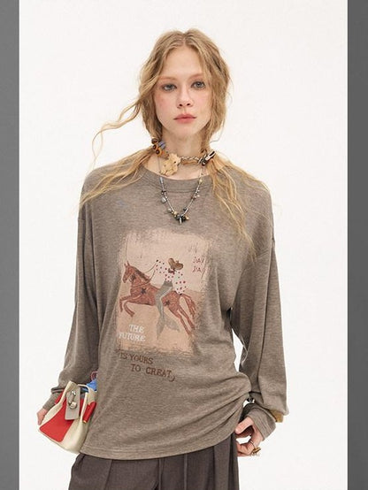 DIDDI MODA Galloping Horse Print Crewneck Long Sleeve Loose Pullover Women&