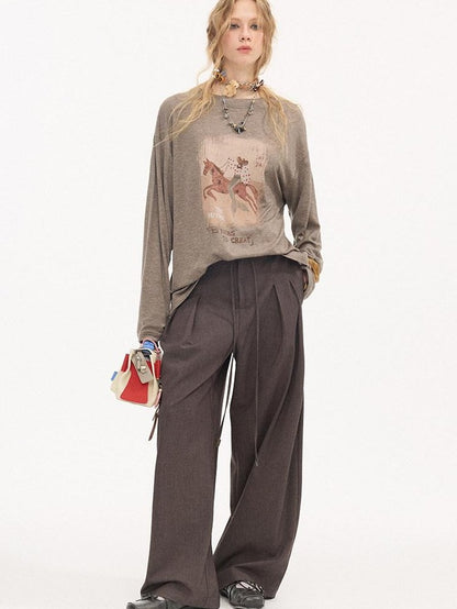 DIDDI MODA Galloping Horse Print Crewneck Long Sleeve Loose Pullover Women&