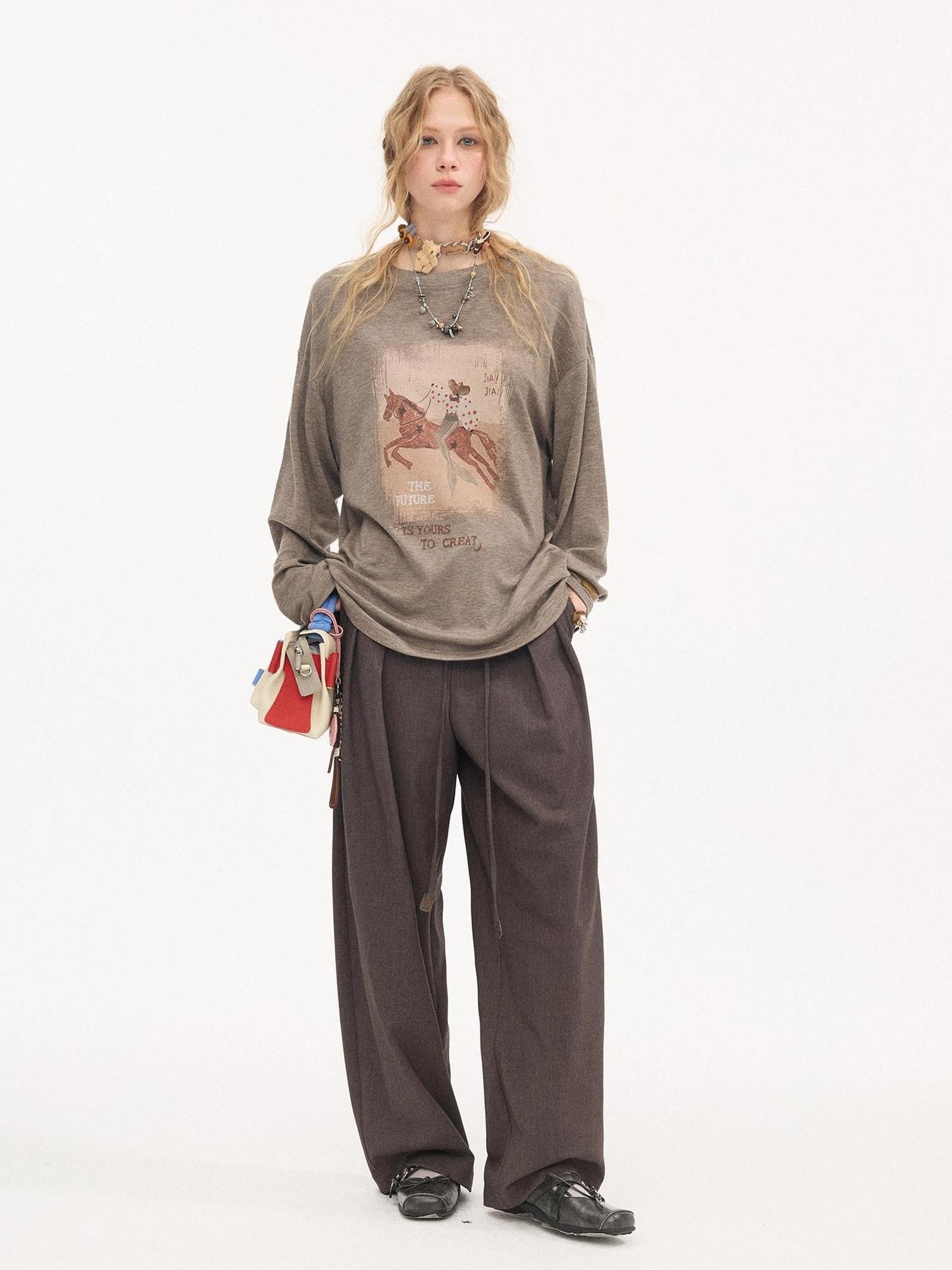 DIDDI MODA Galloping Horse Print Crewneck Long Sleeve Loose Pullover Women&