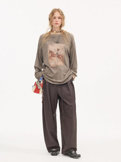 DIDDI MODA Galloping Horse Print Crewneck Long Sleeve Loose Pullover Women&