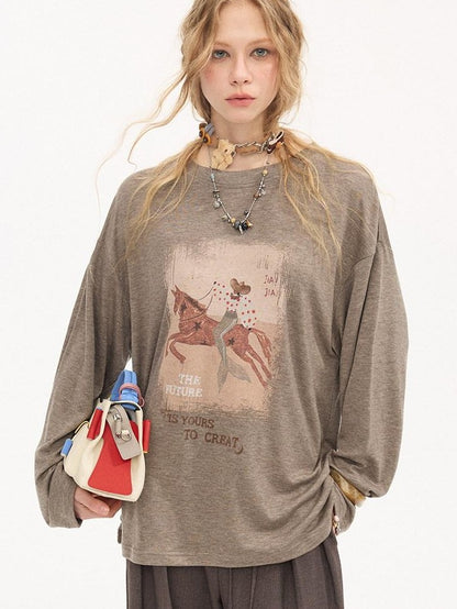 DIDDI MODA Galloping Horse Print Crewneck Long Sleeve Loose Pullover Women&
