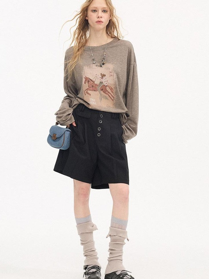 DIDDI MODA Galloping Horse Print Crewneck Long Sleeve Loose Pullover Women&