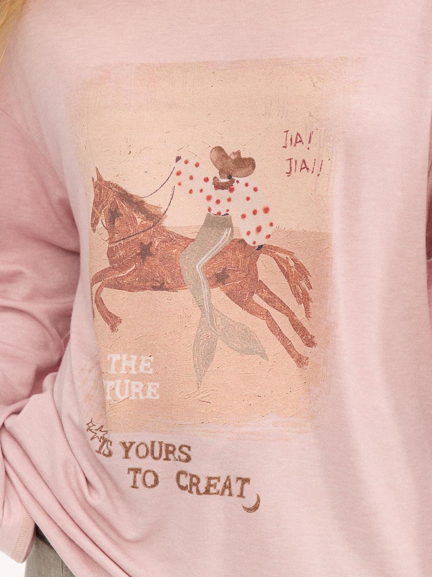 DIDDI MODA Galloping Horse Print Crewneck Long Sleeve Loose Pullover Women&