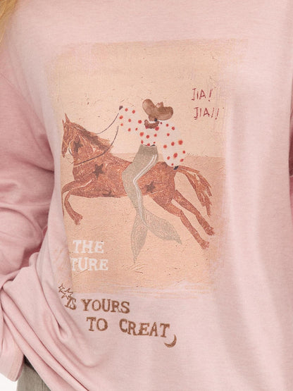 DIDDI MODA Galloping Horse Print Crewneck Long Sleeve Loose Pullover Women&