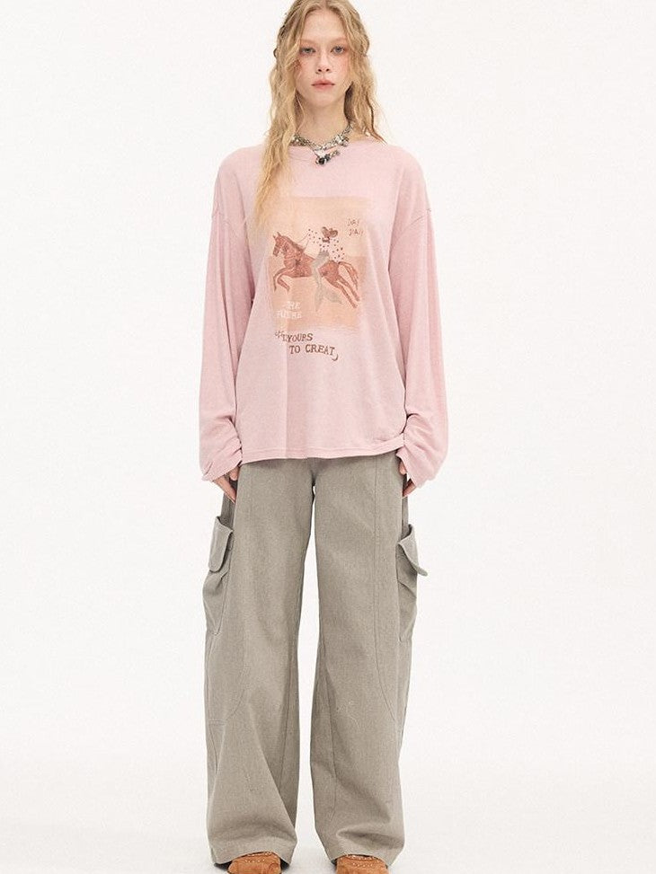 DIDDI MODA Galloping Horse Print Crewneck Long Sleeve Loose Pullover Women&
