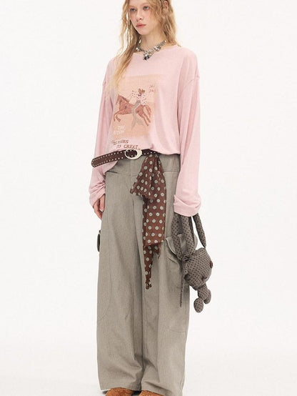 DIDDI MODA Galloping Horse Print Crewneck Long Sleeve Loose Pullover Women&