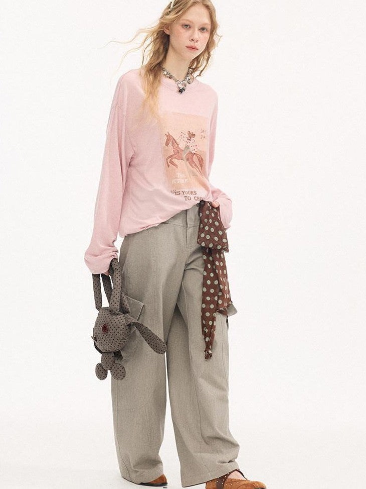 DIDDI MODA Galloping Horse Print Crewneck Long Sleeve Loose Pullover Women&
