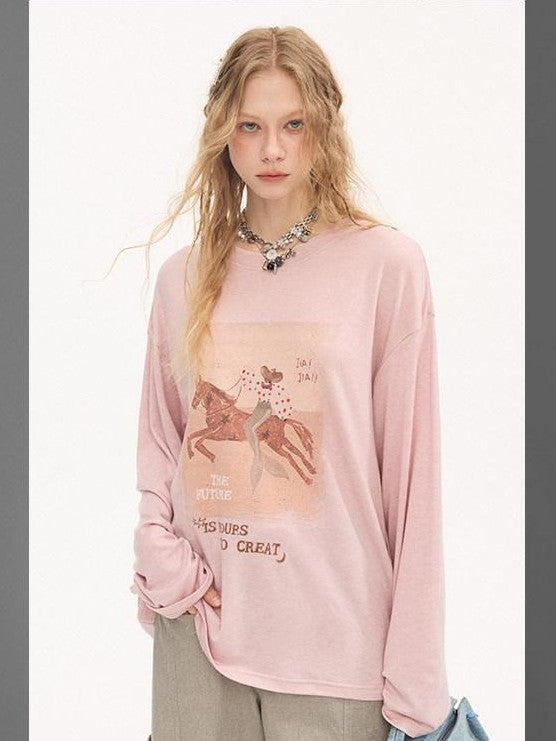 DIDDI MODA Galloping Horse Print Crewneck Long Sleeve Loose Pullover Women&